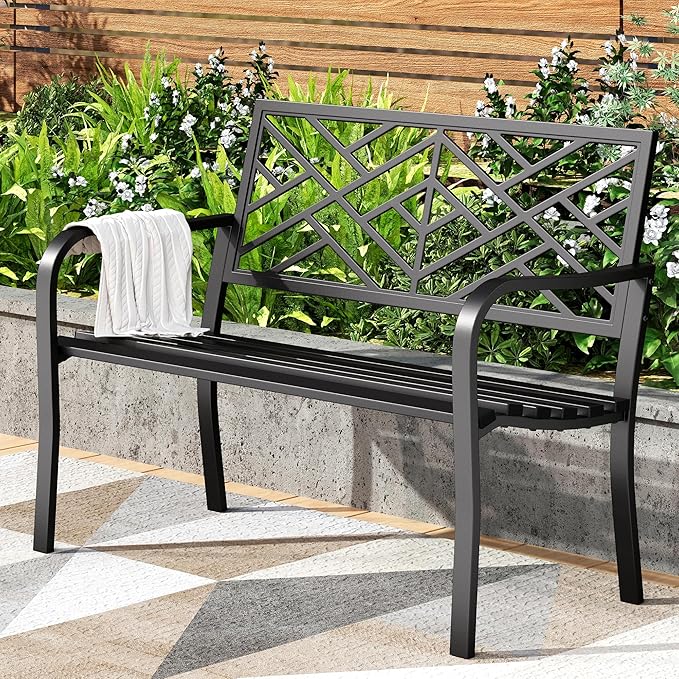 PHI VILLA 43 Inch Cast Iron Steel Frame Outdoor Garden Bench, Patio Furniture Chair Bench w/Line Pattern Design Backrest, Slatted Seat for Park, Yard, Porch - Black