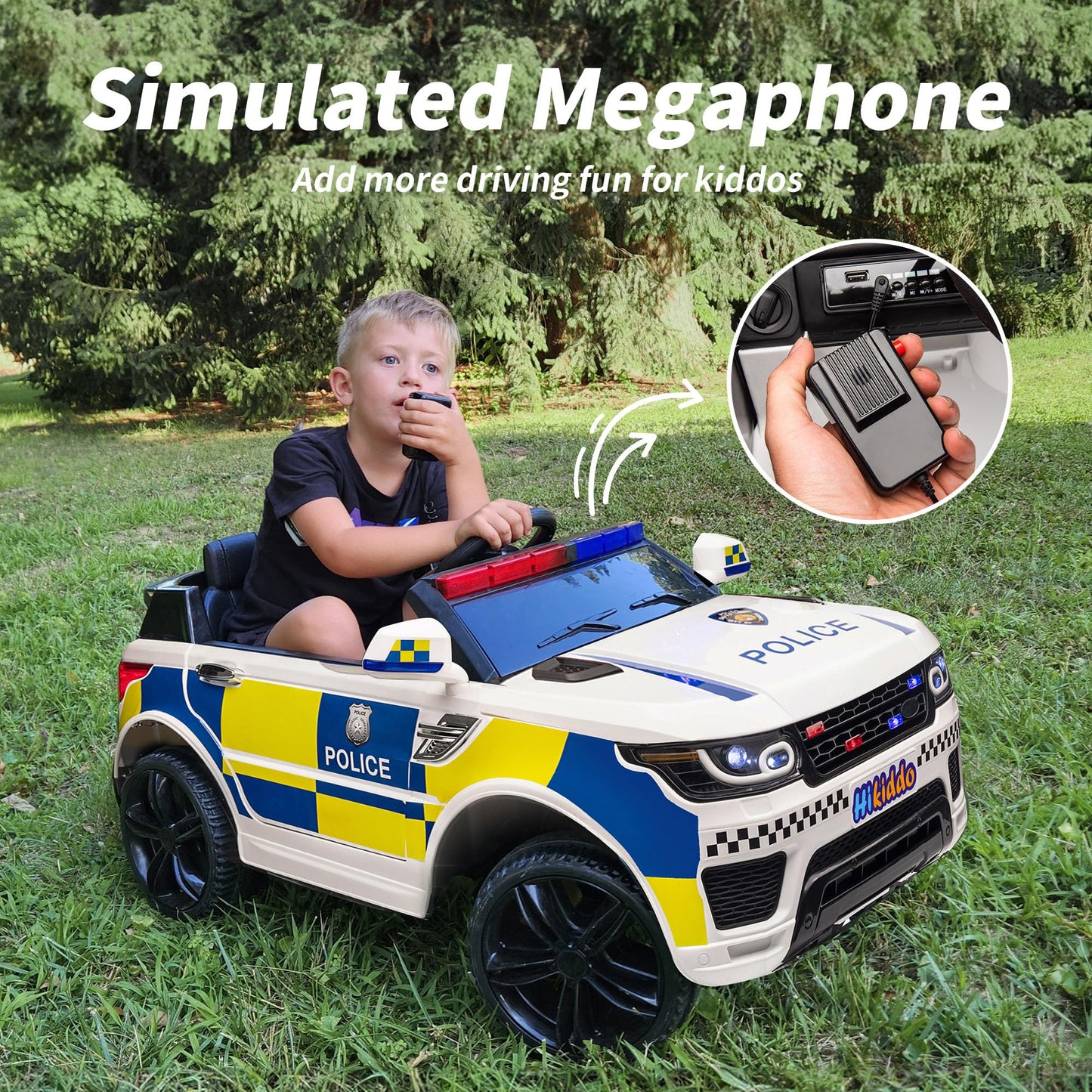 Hikiddo Electric Police Car for Kids, 24V Kids Ride-on Toy Car w/Remote Control, 400W Motor - White