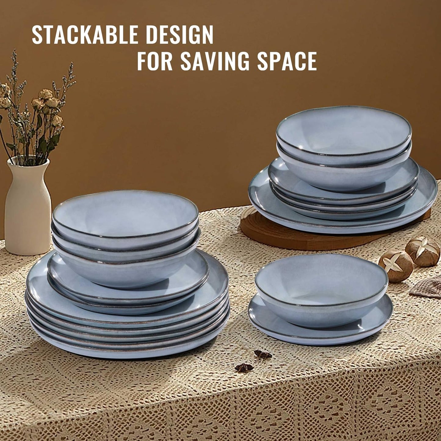 Herogo Stoneware Dinnerware Sets for 6, 18 Piece Ceramic Dinner Dishes Set, Irregular Handmade Plates and Bowls Dishware, Crack and Scratch Resistant, Reactive Glaze, Smoky Blue