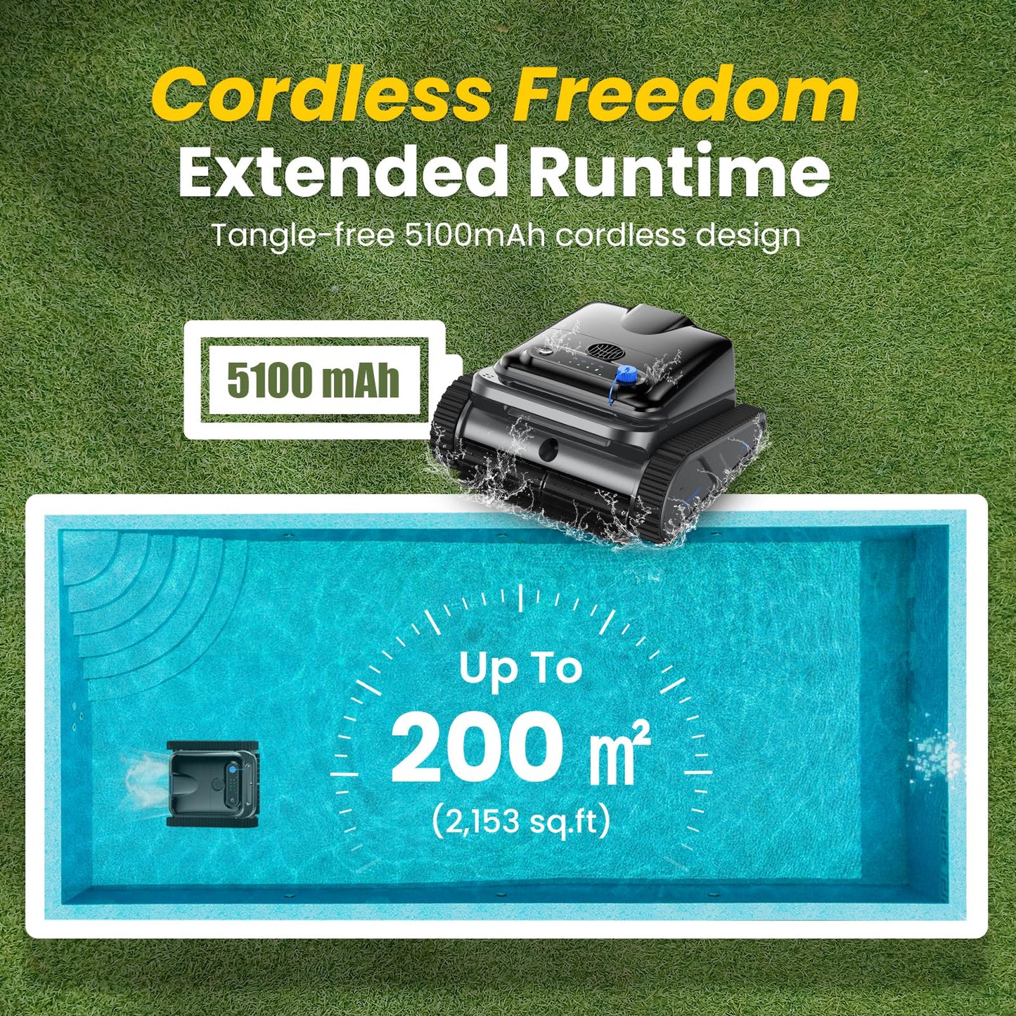 OUCAXIA Y50S Robotic Pool Vacuum, Cordless Pool Vacuum for Inground Pools with Smart Path Navigation Powerful Scrubber Brush for Floor/Wall/Waterline/All Cover Cleaning