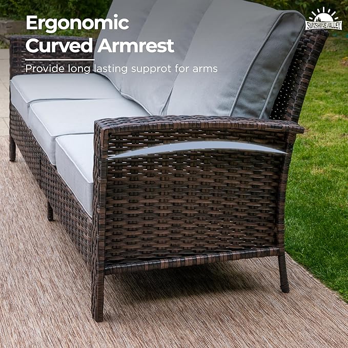 SUNSHINE VALLEY 5 Pieces Patio Furniture Set with Swivel Chairs, High Back Wicker Rattan Sofa with Extra Thick Cushion and Ottoman, Outdoor Conversation Set for Garden Backyard Deck, Grey