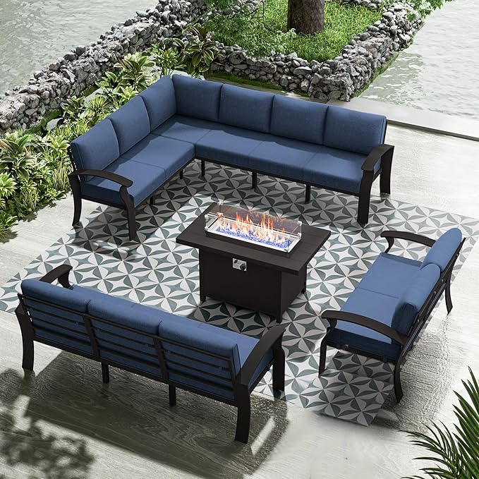 RTDTD Aluminum Outdoor Patio Furniture Set,11 Seats Patio Conversation Sets with 45" Propane Fire Pit Table,Metal Patio Sectional Furniture Set with 5.1" Thickened Cushions,Navy Blue