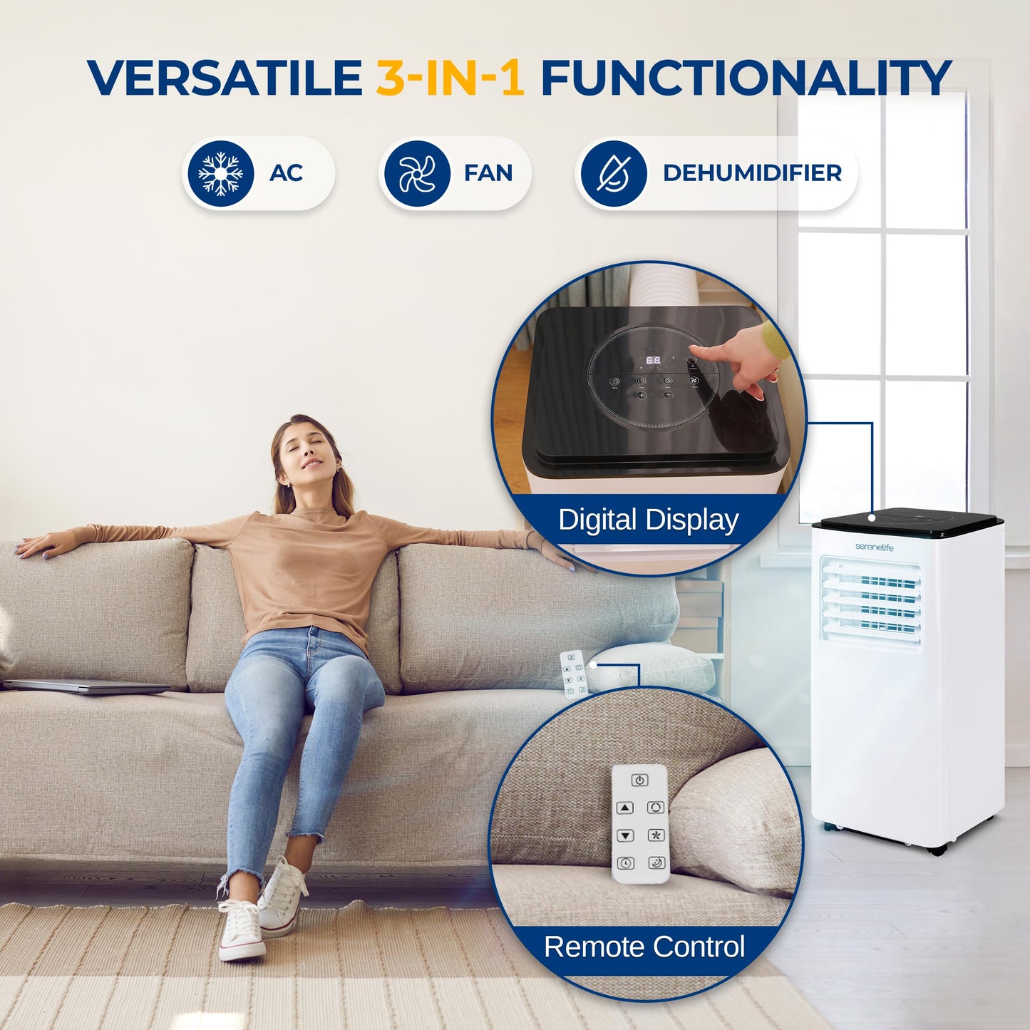Serenelife 8000 Btu Portable Air Conditioner, 3-In-1 Compact Standing Air Conditioner For Room Up To 350 Sq. Ft., Floor Ac Unit