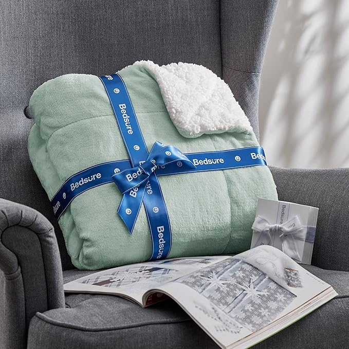 Bedsure GentleSoft Sherpa Fleece Throw Blanket Twin Size for Couch - Thick and Warm Throw for Women and Men, Soft Fuzzy Plush Twin Blanket for Winter, Non-Heated, Sage Green, 60x80 Inches