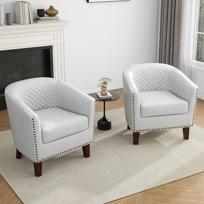 UIXE Faux Leather Barrel Accent Chair Modern Club Arm Chair, Comfy Upholstered Armchair Nailhead Trim Living Room Single Sofa Reading Seat Bedroom Side Sitting for Office Home, White
