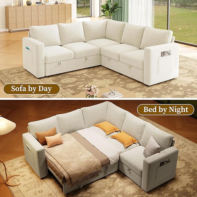 SUAWY 83.5" Sectional Sleeper Sofa with Pull Out Couch, Modern 5 Seat L Shaped Modular Couch, Sectionals Modular Sofa with Storage, Comfy Sectional Couches for Living Room & Apartment, Ivory Beige