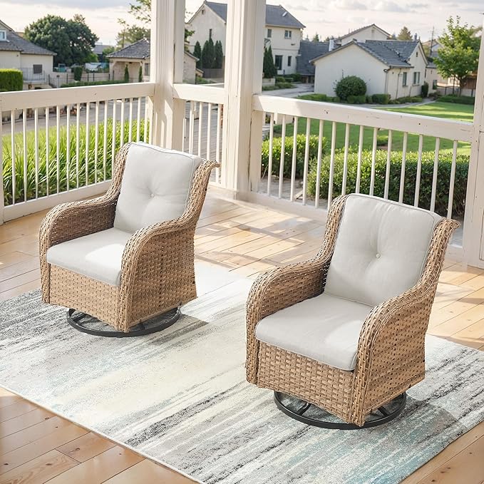 Belord Outdoor Swivel Rocker Patio Chairs - 360 Degree Swivel Glider Seating 350LBS Weight Capacity Wicker Rocking Chairs Set of 2 with Removable Cushion for Porch Balcony Deck, Yellow/Beige