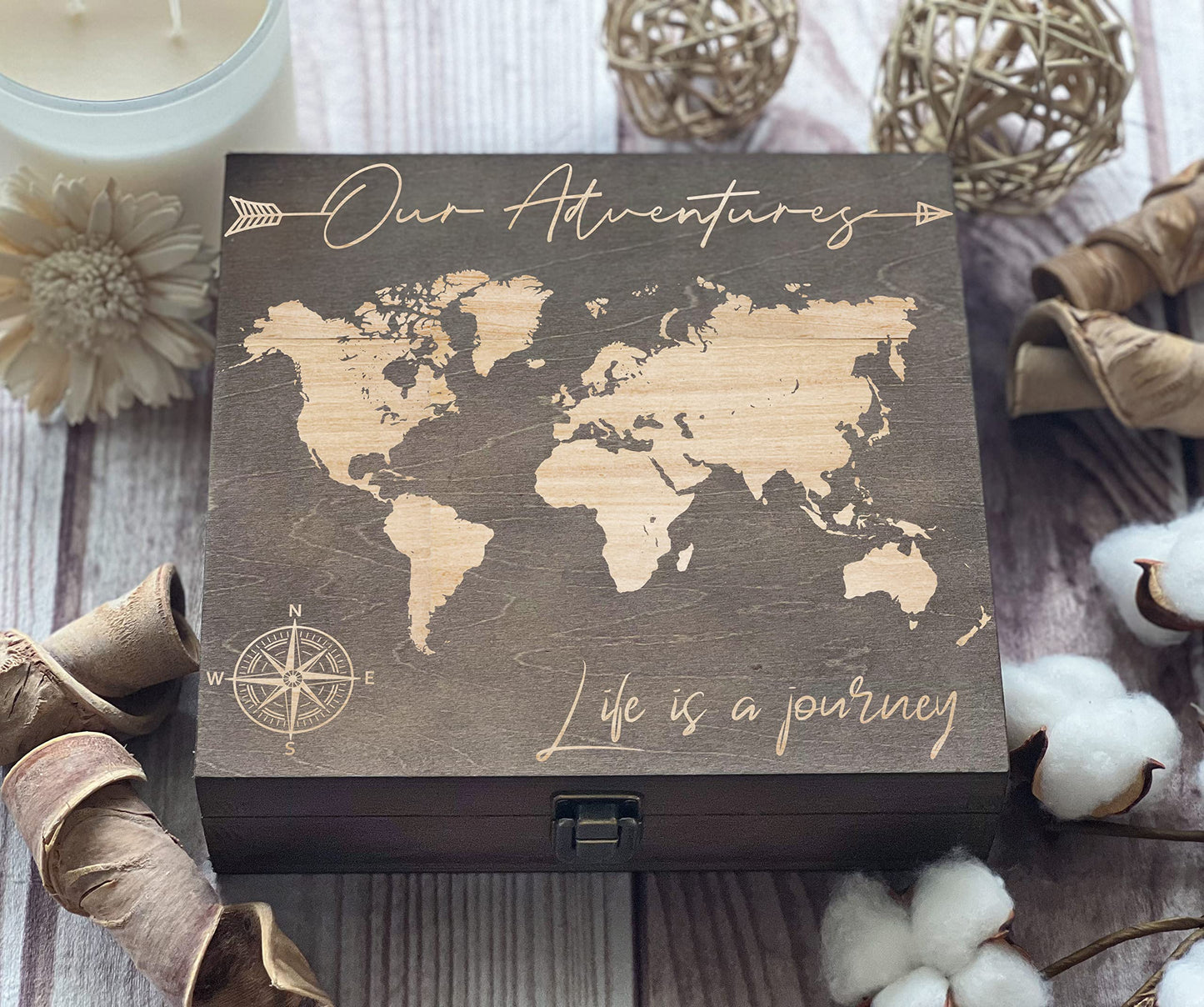 Our Adventures Box, 8.5 in x 8 in x 2.5 in, Wooden Box, Keepsake Box, Memory Box, Gift box, 5th Anniversary Gift, Unique Gift Ideas, Travel, Wooden Anniversary Gift (Dark Walnut Our Adventure)