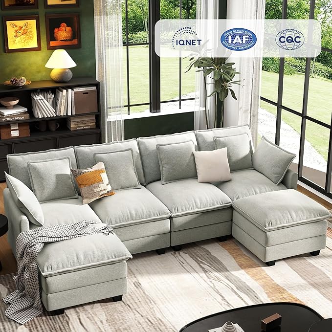 107" Cloud Couch Sectional, U Shaped Modular Sectional Sofa, 4-Seat Deep Seat Couch with 6 Removable Washable Pillows and 2 Ottoman for Living Room, Bedroom, Apartment, Light Grey