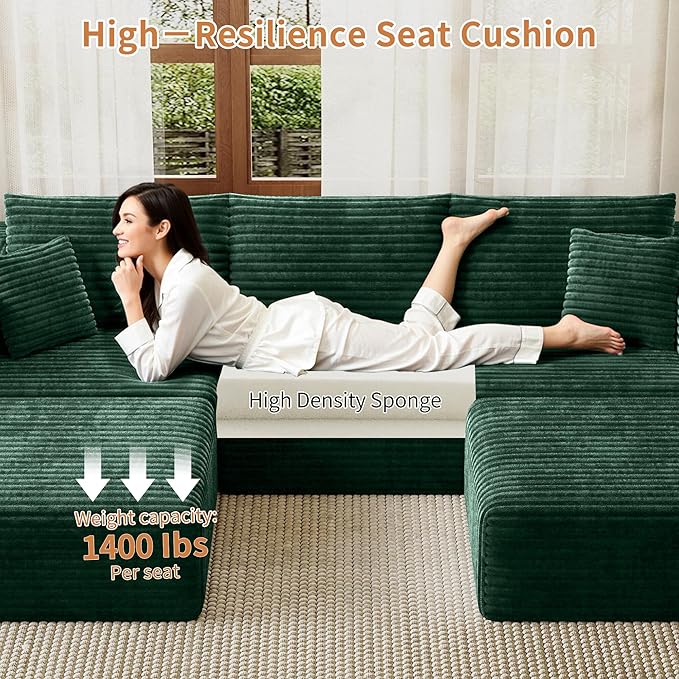 Fancyfire 108" Cloud Modular Sectional Couch with 2 Ottoman,Ultimate Comfort U-Shaped Deep Seat Sofa,Boneless Couch Upholstered 3-Seater Sofas for Living Room, No Assembly Required(Green)