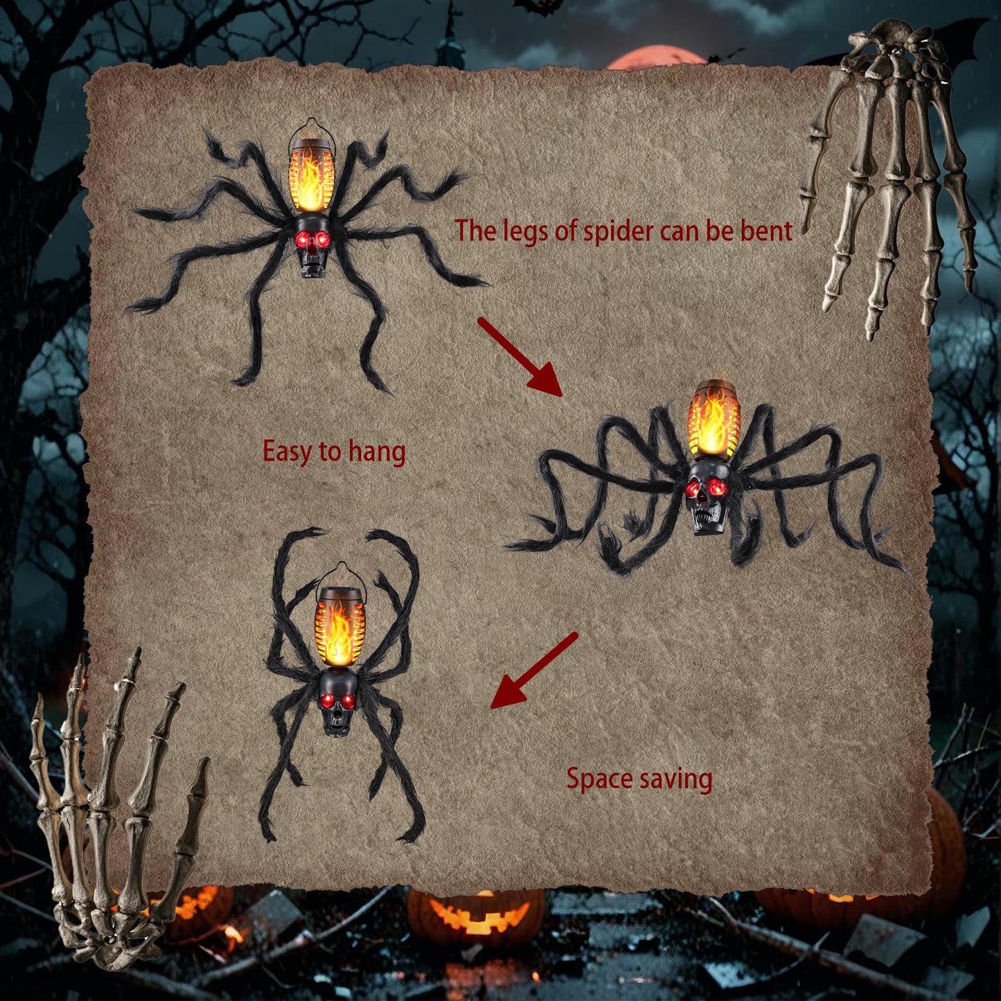 Halloween Skull Flame Light with 8 Spider Tentacles - Spooky Indoor/Outdoor Decoration for Halloween Parties, Gardens, and Haunted Displays (Orange, 2 Pack)