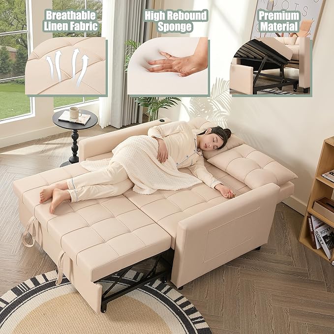 GOSUHI 52" Sleeper Sofa with Pull-Out Bed, 3-in-1 Convertible Sofa Bed, Loveseat with Stepless Adjustable Backrest and Side Pocket, for Living Room Dorm Apartment, Linen, Beige