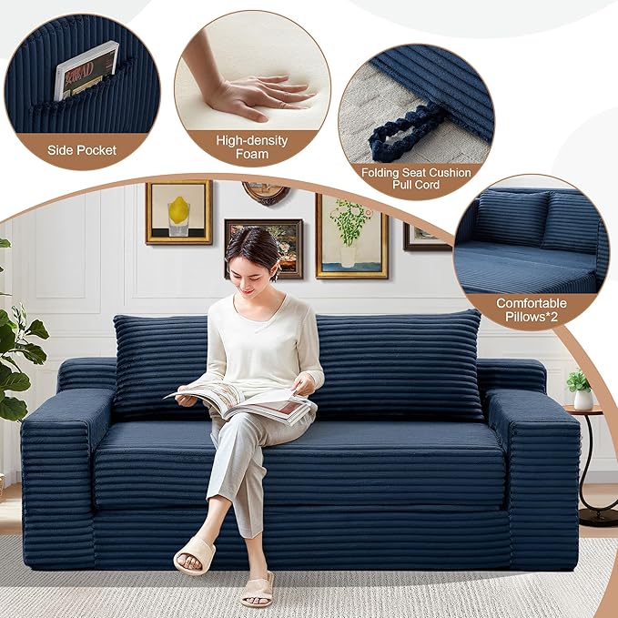 73" Convertible Sofa Bed, 2 in 1 Folding Couch Bed, Boneless Couch in a Box, Cloud Loveseat Sleeper, Fold Out Comfy Floor Futon Sofa with 2 Pillows for Living Room Bedroom, No Assembly (Blue, 73)
