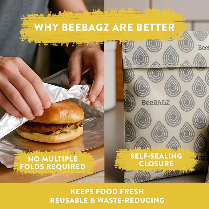 BeeBAGZ - Beeswax Wrap Storage Bag, Reusable Food Storage Bags, Pack of 3, Plastic Free Biodegradable Food Wrap Alternative, Starter Pack, 1 Small + 1 Medium + 1 Large, (Grey)