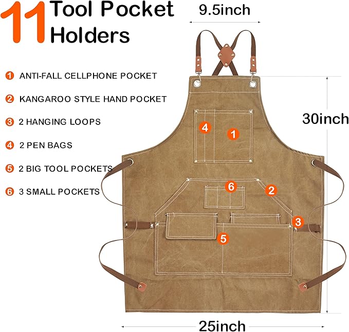Yxiang Black Handmade Work Apron with 11 Tool Pockets, Heavy Duty Waxed Canvas Workshop Tool Aprons Woodworking Apron