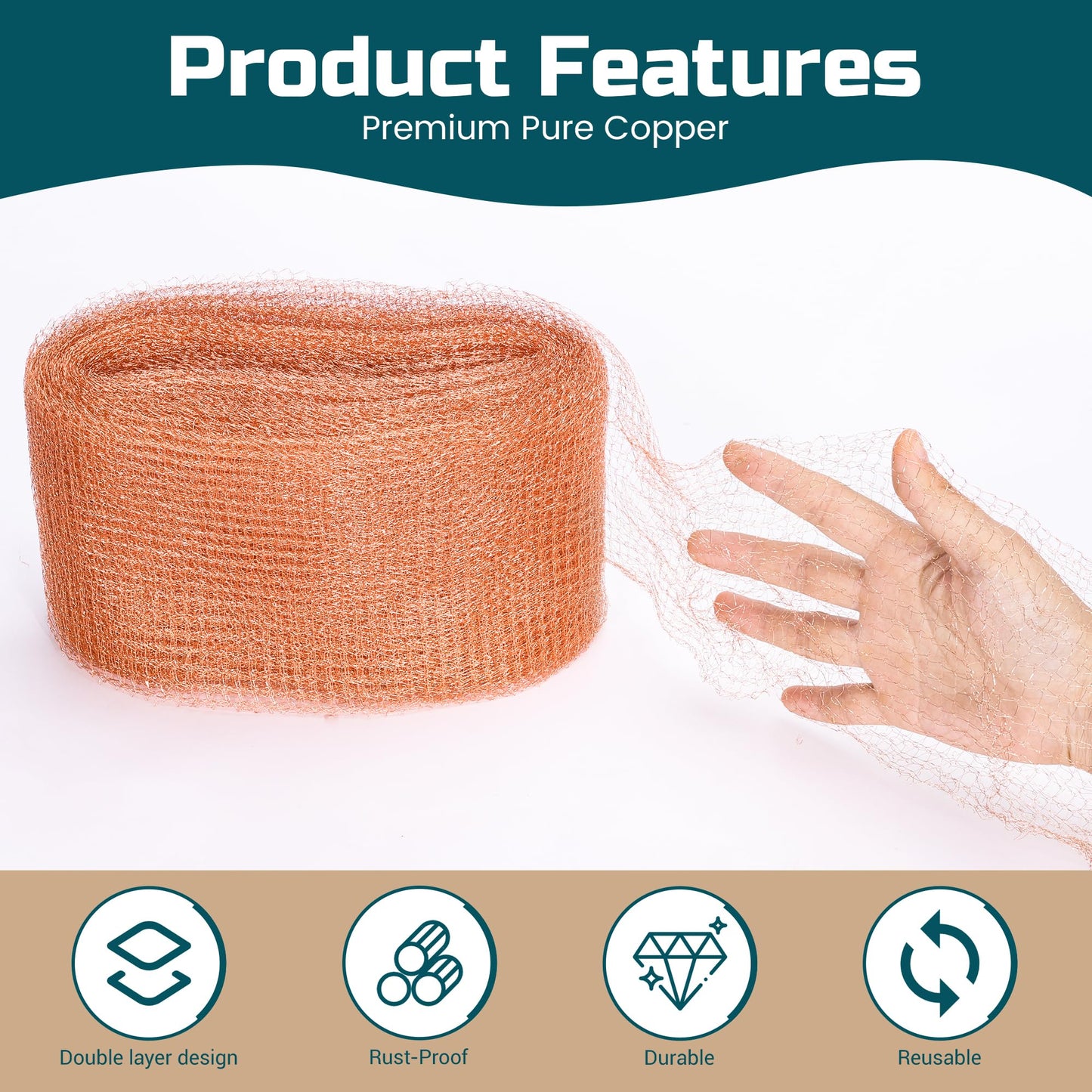 PamMittul Copper Mesh Rodent Control, 4in x 30ft Rustproof Pure Copper Mesh Roll for Slug Snail Mice Control, Ideal for Blocking Holes in Walls Vents, Plus Packing Tool for Easy Installation