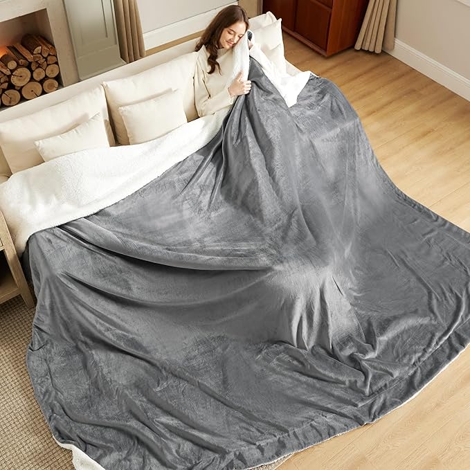 Bedsure GentleSoft Sherpa Fleece Oversized Cal King Blankets for Bed - Thick and Warm Blanket for Winter, Non-Heated, Soft Fuzzy Plush Large Throw for Women and Men, Grey, 112x98 Inches