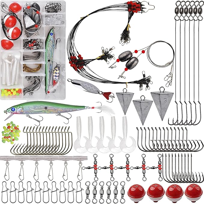 Saltwater Fishing Gear Kit,131pcs Saltwater Surf Fishing Tackle Kit Include Saltwater Fishing Lures Fishing Bait Rigs Pyra...