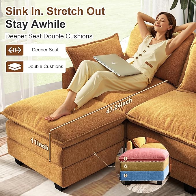 107" Cloud Couch Sectional, U Shaped Modular Sectional Sofa, 4-Seat Deep Seat Couch with 6 Removable Washable Pillows and 2 Ottoman for Living Room, Bedroom, Apartment, Orange