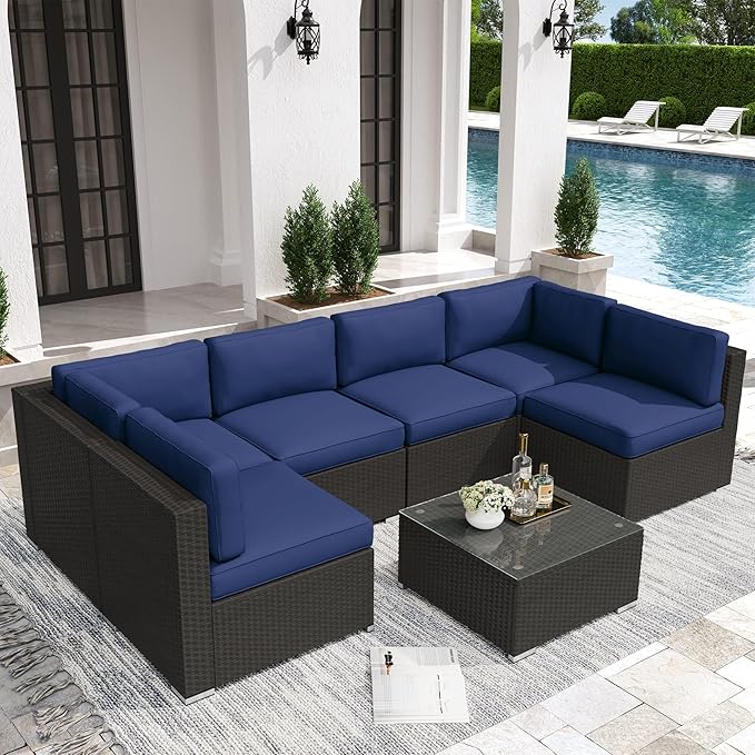 Crownland 7 Pieces Outdoor Patio Furniture Sets, All-Weather Black Wicker Rattan Sectional Sofa, Glass Coffee Table and Washable Seat Cushion with Zipper(Dark Blue)