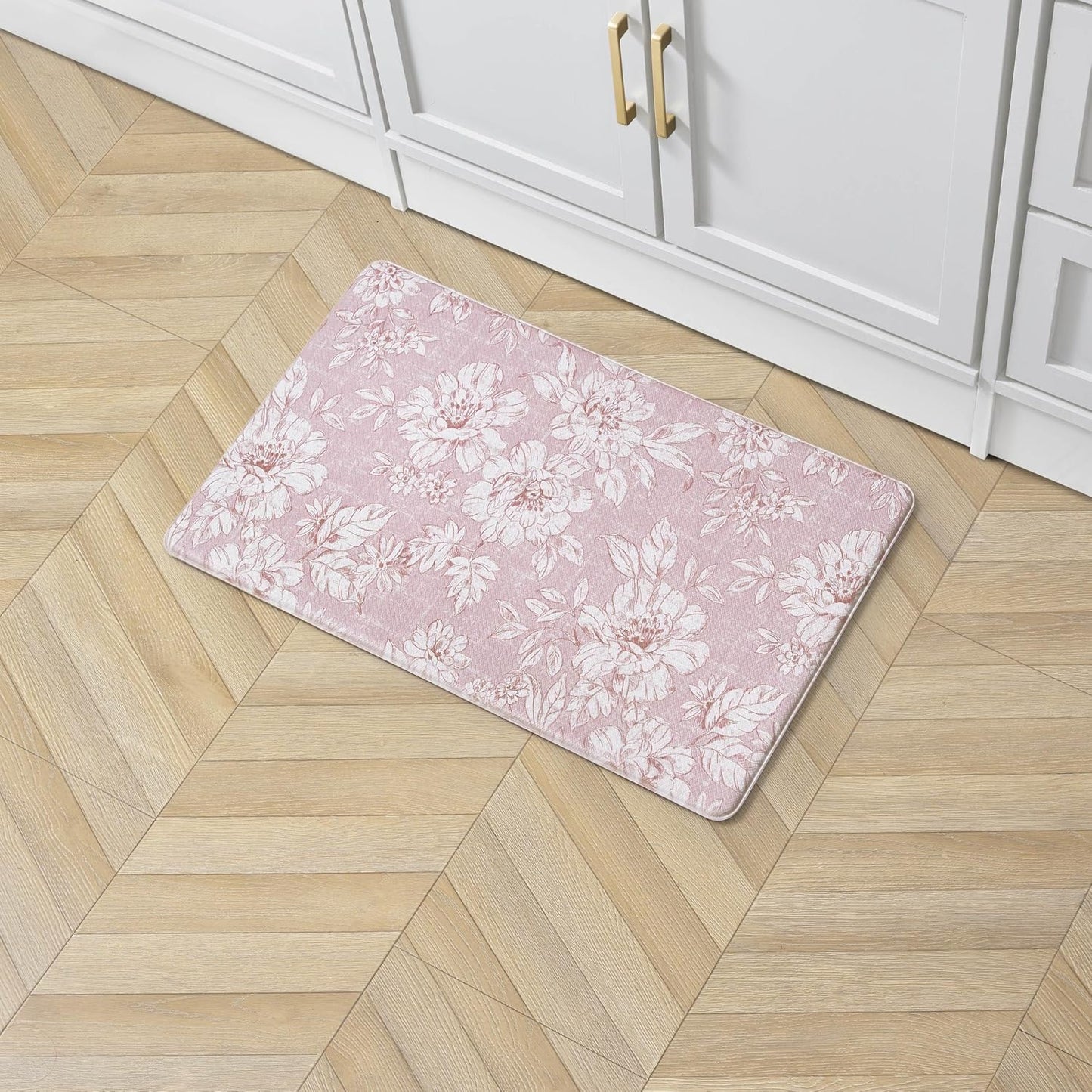 Laura Ashley - Anti-Fatigue Kitchen Mat, Iris Floral Design, Stain, Water & Fade Resistant, Cooking & Standing Relief, Non-Slip Backing, Measures 17.5" x 32", Soft Pink Iris