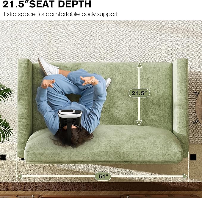 kakuboohi 51" Loveseat Sleeper Sofa Bed, Chenille Convertible Floor Sofa Bed for Small Spaces, Folding Couch Bed with Deep Seat, 2 Pillows & Solid Frame, Pull Out Couch for Living Room, Light Green