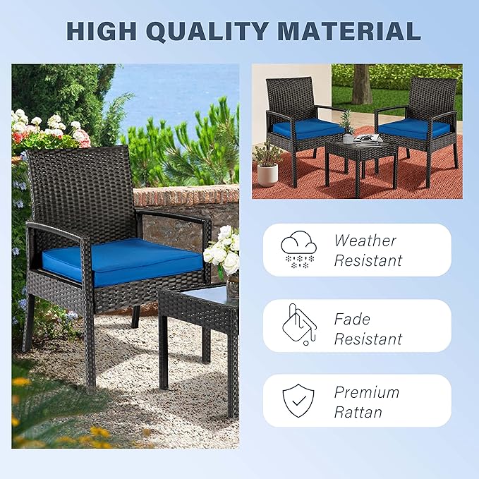 PAOLFOX 3 Piece Outdoor Patio Furniture Sets, Rattan Conversation Set with Soft Cushion, Wicker Chairs with Coffee Table for Yard Backyard Lawn Porch Poolside Balcony, Blue