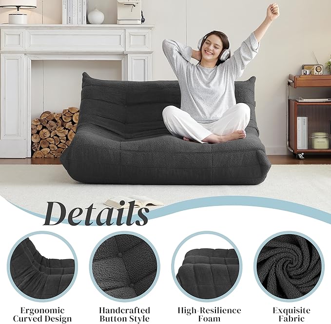 Bean Bag Chair, Loveseat Fireside Chair Bean Bag Sofa for Adults, 2 Seater Bean Bag Chairs for Teens with High-Resilience Foam, Memory Foam Bean Bag for Living Room, Bedroom, Office (Teddy, Dark Gray)