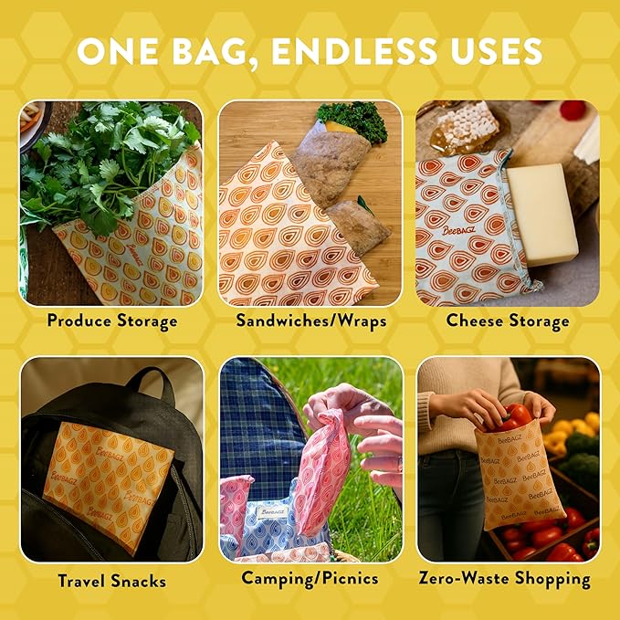 BeeBAGZ - Beeswax Wrap Storage Bag, Reusable Food Storage Bags, Pack of 3, Plastic Free Biodegradable Food Wrap Alternative, Starter Pack, 1 Small + 1 Medium + 1 Large, (Orange)
