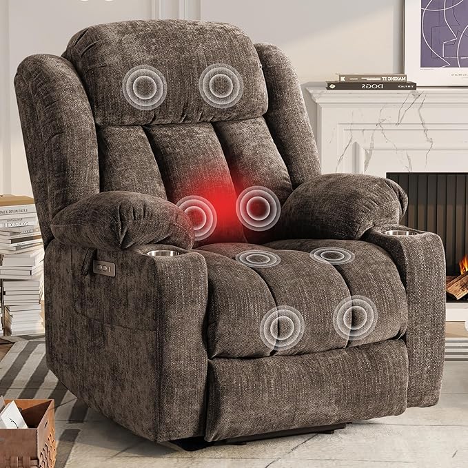 ABCASA Large Power Lift Chairs Recliners for Elderly Set of 2 with Heated and Massage, Upgraded Chenille Lift Chairs Recliners, USB-A and USB-C, Cup Holder, Side Pocket, Brown