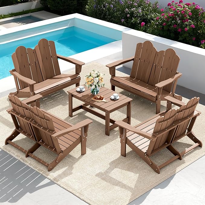 SERWALL 3 Pieces Patio Adirondack Bench Set, 2 Folding Adirondack Bench and 1 Coffee Table Set for Front Porch Garden Balcony Backyard, Brown