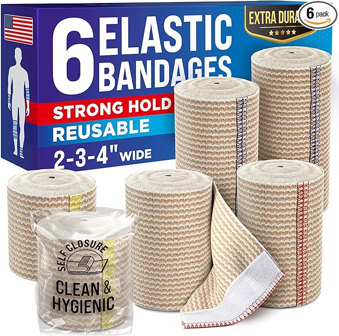 High-Performance Elastic Bandage Wrap - 6 Pack (2x2in, 2x3in, 2x4in) - Self-Closing Strong Compression Bandage Wrap for Fe...