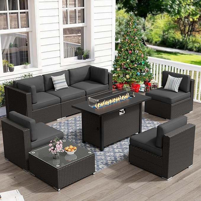 Crownland 8-Piece Outdoor Patio Furniture Sets with 45” Propane Gas Fire Pit Table, All-Weather Black Wicker Rattan Sectional Sofa with Coffee Table(Grey)