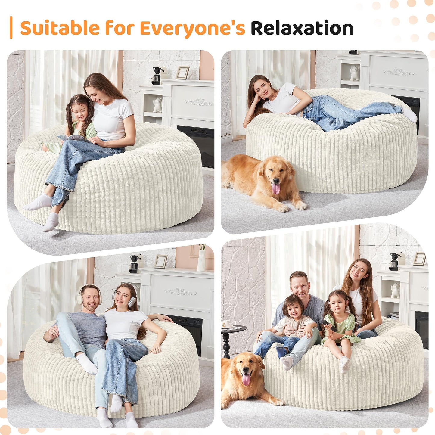 HABUTWAY 5FT Bean Bag Chair, 5' Large Bean Bag Chairs for Adults with Removable Stripe Plush Cover, Memory Foam Beanbag Chair for Living Room Bedroom Dorm (White)