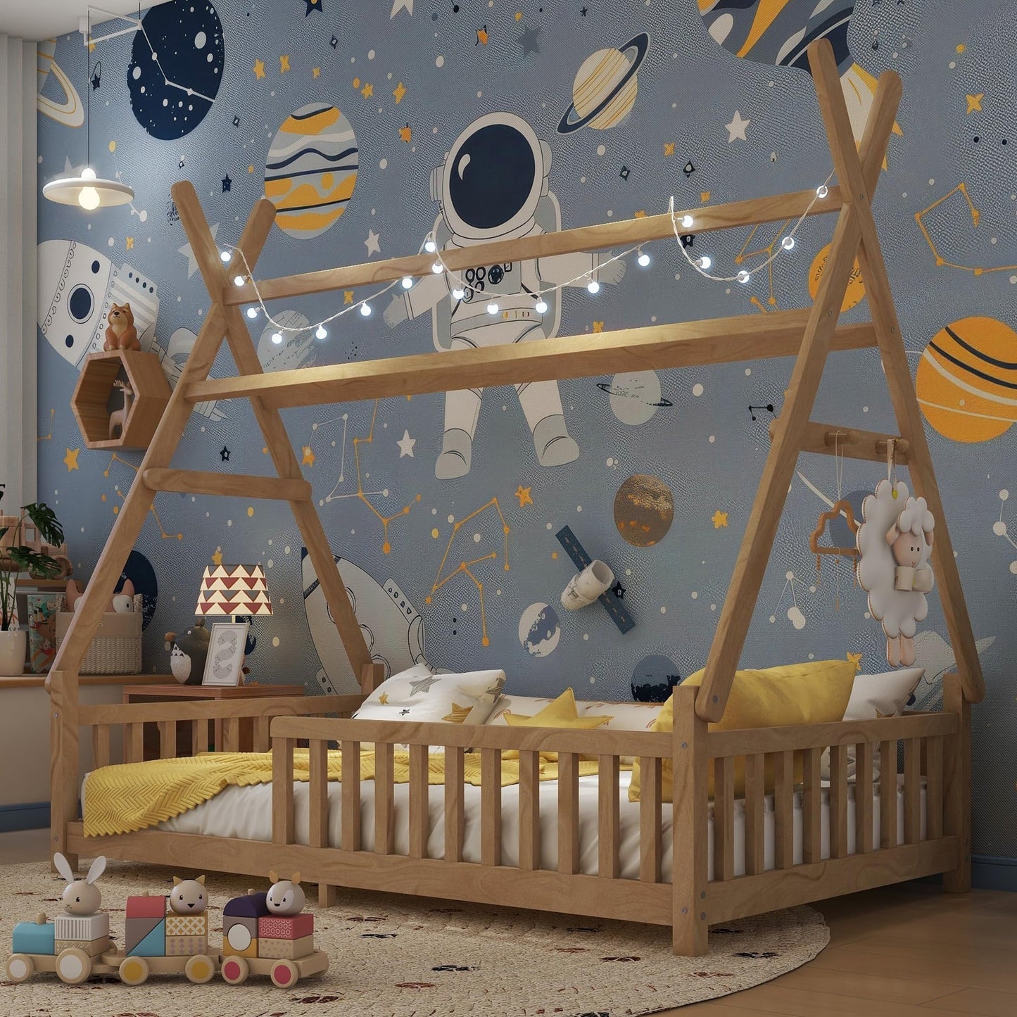 Mirightone Teepee Floor Bed for Kids, Twin Size Tent Beds with Hanging Rack, Detachable Montessori Floor Bed with Slats and Fence Rails, Wood House Bedframe for Boys Girls, Natural