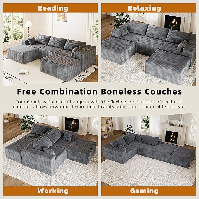 CABZOON 110" Cloud Couch Sectional for Living Room U-Shape Boneless Couches Modular Sectional Sofa with Deep Seat with Chaise,No Assembly Required, Carbon Gray(Plush Corduroy Fabric)