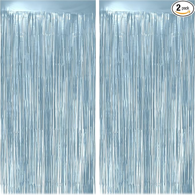 2 Pack Metallic Light Blue Fringe Backdrop, 3.2x8.2ft Shining Foil Tinsel Curtains, Birthday Party Decorations Door Stream...