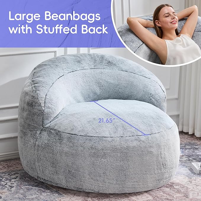 Hobestluk Bean Bag Chair Giant Bean Bag Chairs for Adults Big Bean Bag Chair with Memory Foam Filler Adults Large Beanbag with Faux Fur Cover for Bedroom (Plush Grey,Large)