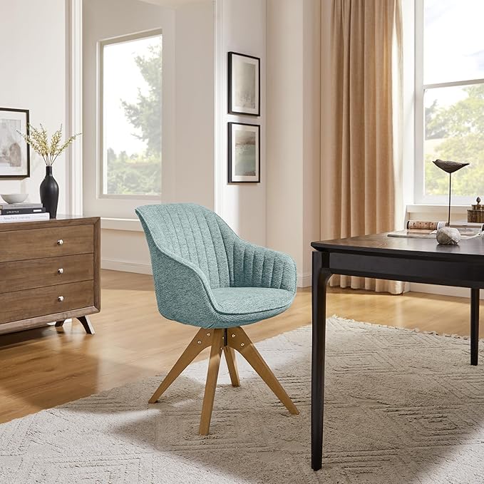 Art Leon Swivel Dining Chair - Mid Century Modern Fabric Upholstered Kitchen Dining Room Chair with Oak Wood Legs, Leisure Side Chair with Arms for Living Room, Light Blue