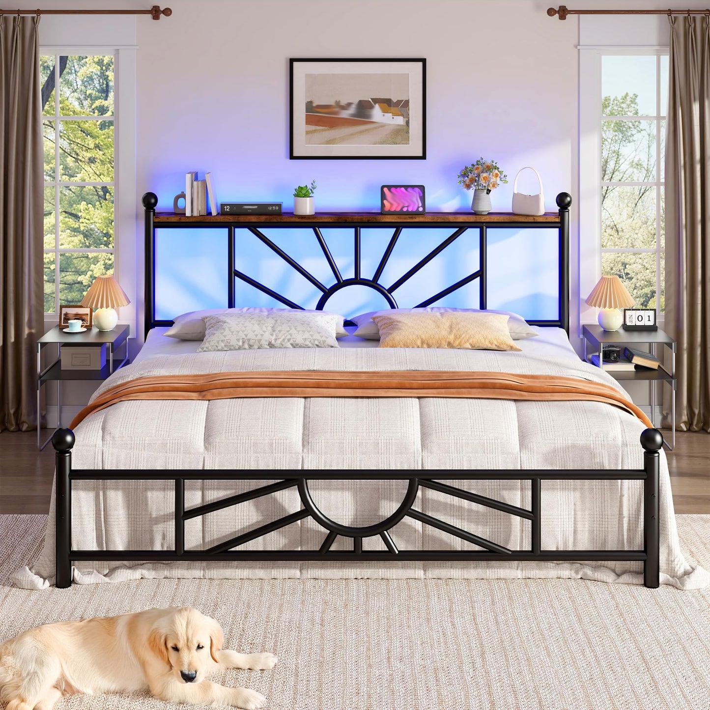 Homkdom Metal Queen Bed Frame with Headboard and Footboard, Queen Size Bed Frame with LED Light, Mattress Foundation with Under Bed Storage/No Box Spring Needed/Noise-Free/Easy Assembly, Black