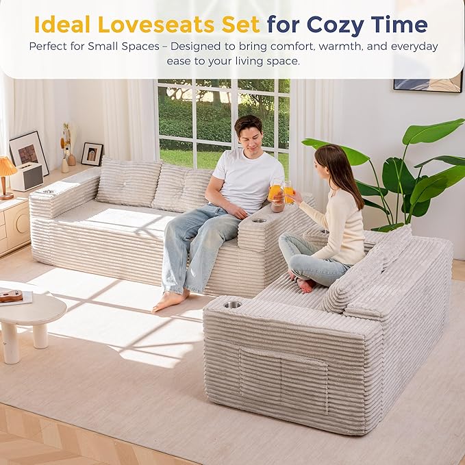 MAXYOYO Boneless Couch and Loveseat Sets for Small Spaces, Mini Love Seat Floor Couch with Cup Holders and Pillows, Upholstered Cloud Couch for Bedroom Apartment, No Assembly Required