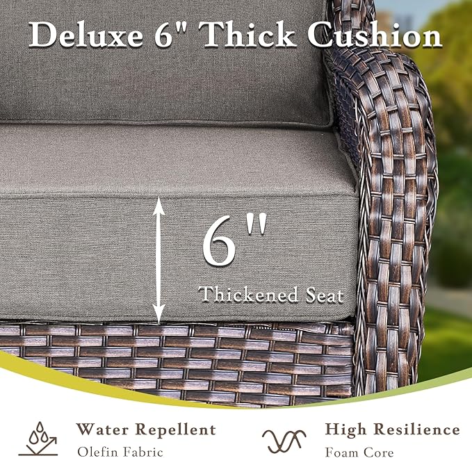 moosprr Luxury High Back Outdoor Furniture with 6-inch Extra Thick Cushions, Patio Furniture Set with Swivel Chairs, 7 PCS Wicker Conversation Set for Yard, Deck, Poolside, Brown/Grey