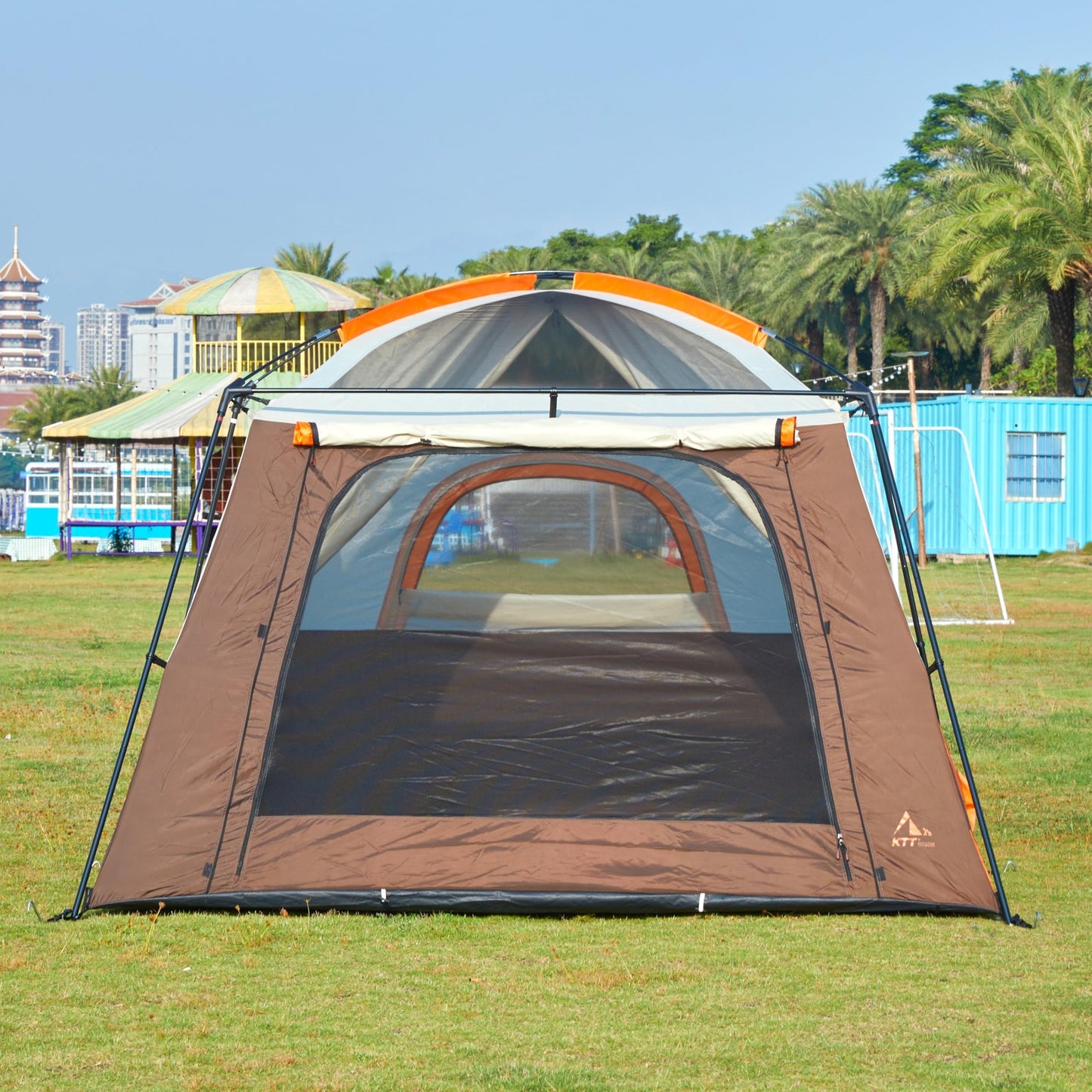 KTT Extra Large Tent 10 Person,Family Cabin Tents,2 Rooms,3 Doors and 3 Windows with Mesh,Straight Wall,Waterproof,Double Layer,Big Tent for Outdoor,Picnic,Camping,Family Gathering(Brown)