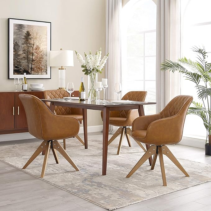 Art Leon Dining Chair - Mid Century Modern Swivel Dining Room Chair, Faux Leather Upholstered Arm Chair with Wood Legs for Living Room, Claybank