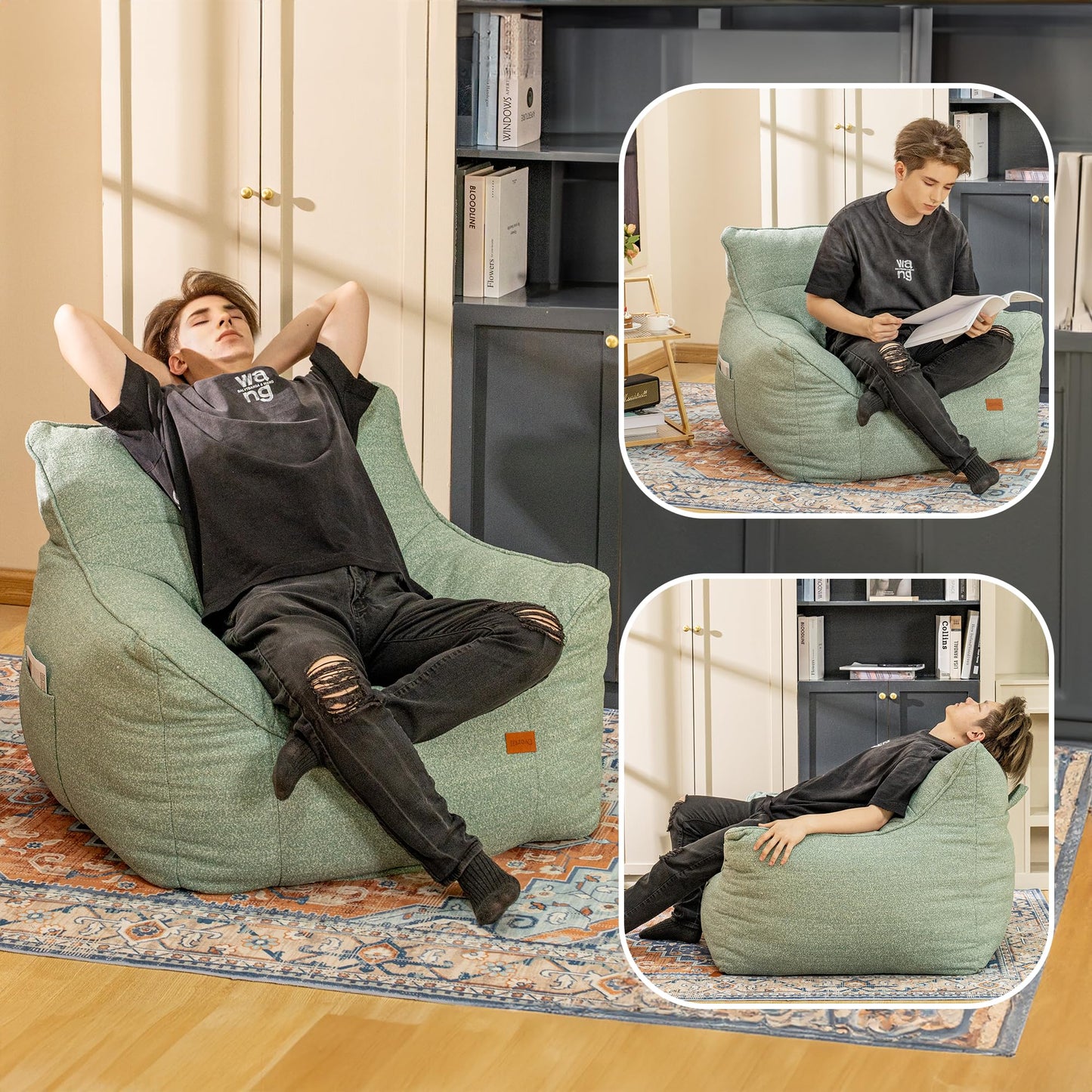 Cvortll Bean Bag Chair for Adults, Comfy Tufted Bean Bag Chair Sofa with Armrests, Lazy Beanbag Chair with Foam Filler Stuffed Bean Bag Couch Sofa for Reading in Bedroom, Living Room and Dorms