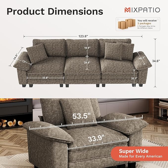MIXPATIO 123" Cloud Modular Sectional Sofa, 3-Seater w/Deep Seat & Removable Arms, Plush Chenille for Living Room - Smoky Gray