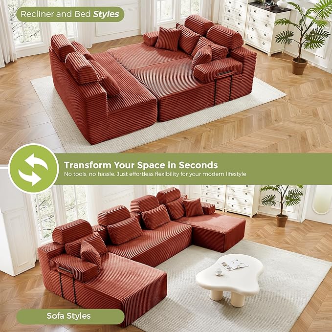 141" U-Shaped Cloud Modular Sectional Sofa with Chaise & Headrest, Boneless Deep Seat Plush Corduroy Couches for Large Living Room, No Assembly Required (Orange, 141" U-shapred Chaise)