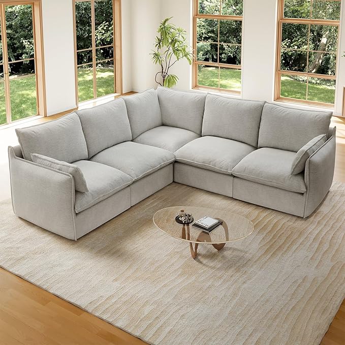 Forest aesthetics Cloud Modular Sectional,V Shape 5 Seater Waterproof High Backrest Sectional Sofas,Down Filled Modular Couch with Removable Washable Cover for Living Room,Light Gray