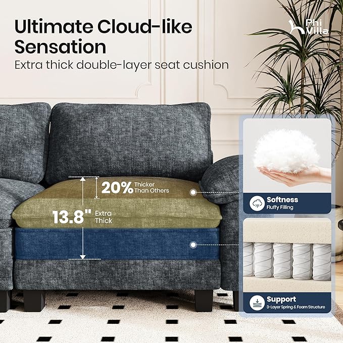 PHI VILLA Cloud Modular Couches Sets, 87.5" Sectional Loveseat Sofa with 1 Movable Ottoman, 3-Seater Comfy Couches for Living Room Apartment, Chenille Fabric, Dark Cyan
