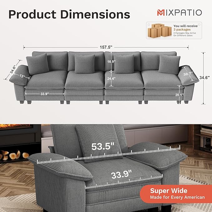 MIXPATIO 157.5" Cloud Modular Sectional Sofa, 4-Seater w/Deep Seat & Removable Arms, Plush Corduroy for Living Room - Gray